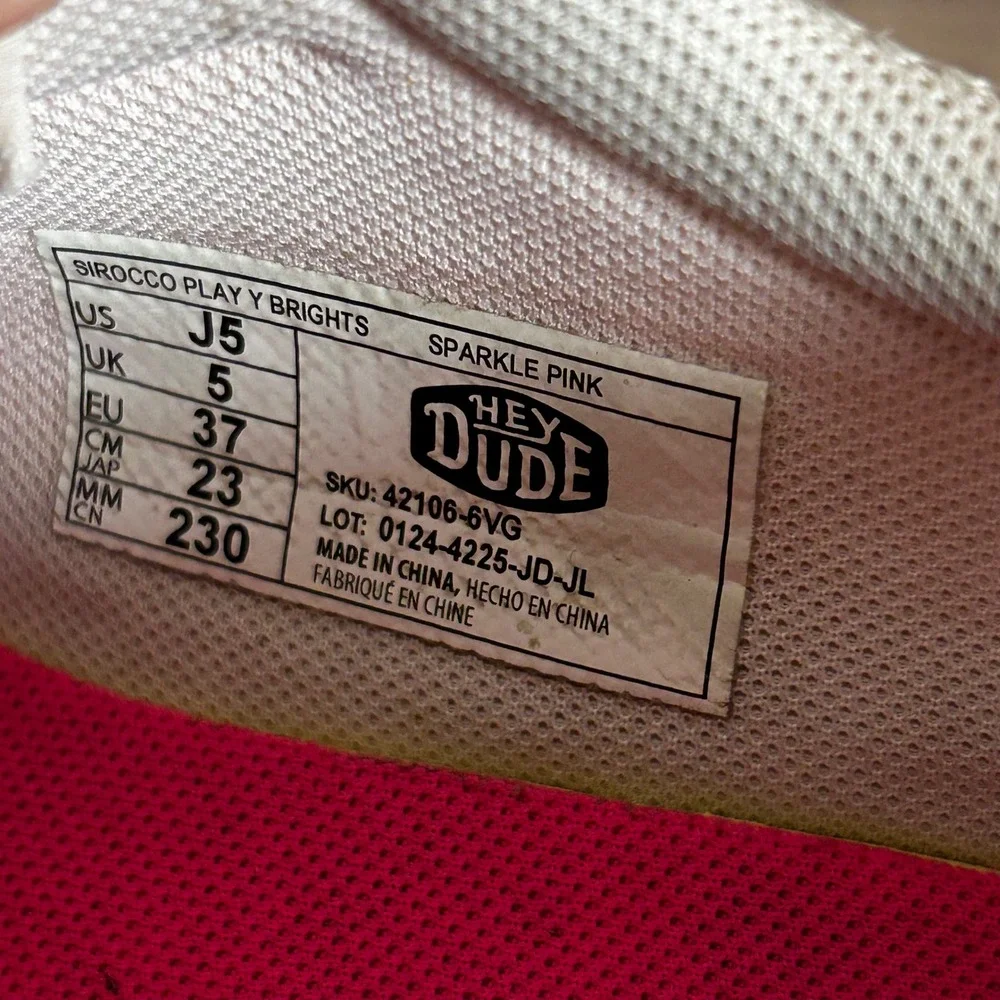 Hey Dude Sirocco Play Kids‎ Sneakers Pink White Glitter Rose Gold Size J5